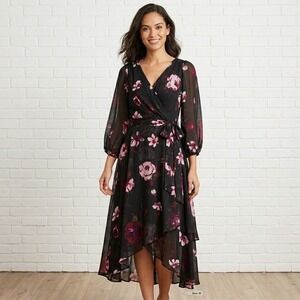 DKNY Floral Faux Wrap Dress Womens 4 Black Chiffon Romantic Wedding Guest Event